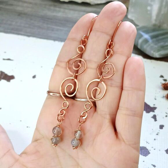 Long Boho Chic Agate Crystal Dangle Earrings, Hammered Copper Gemstone Jewlery - Picture 7 of 7